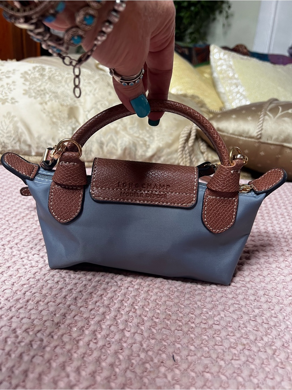Longchamp Le Pliage Original Mini Pouch Handle Crossbody Blue/Gray Brown - Picture 2 of 11